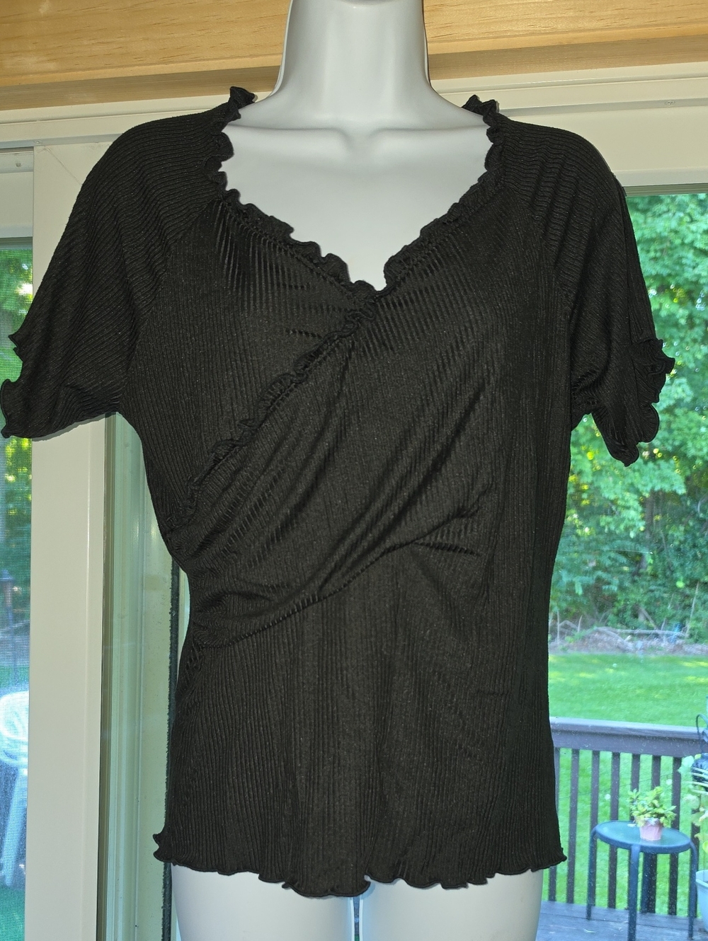 white birch Black Ribbed V-Neck Short Sleeve Top with Ruffle Trim